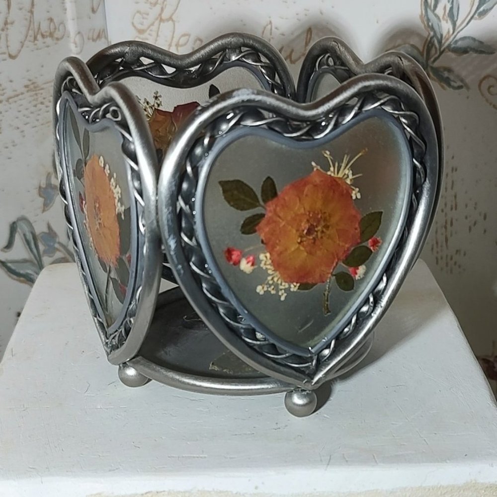 Pressed flower pewter heart votive holder - Vintage